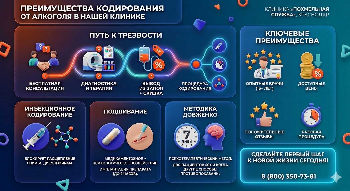Инфографика о методах кодирования от алкоголя в Александрове: инъекции, подшивание, метод Довженко. Преимущества клиники и этапы лечения.